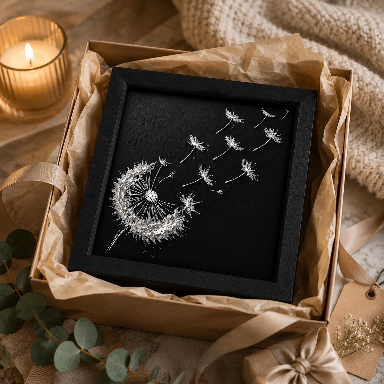 Dandelion Wishes 3D Raised Artwork | Black White Botanical Framed Decor