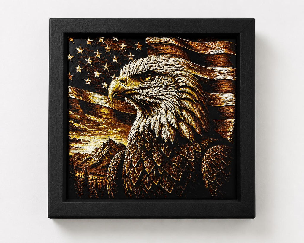 3D Printed Eagle Wall Art | American Flag Decor, Rustic Cabin Artwork (8"x8")