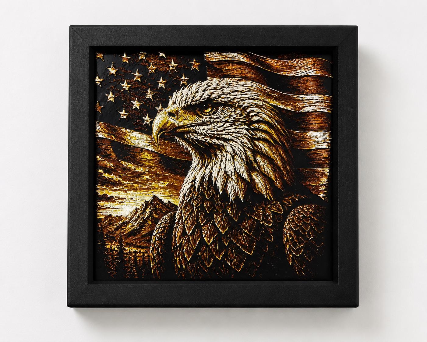 3D Printed Eagle Wall Art | American Flag Decor, Rustic Cabin Artwork (8"x8")