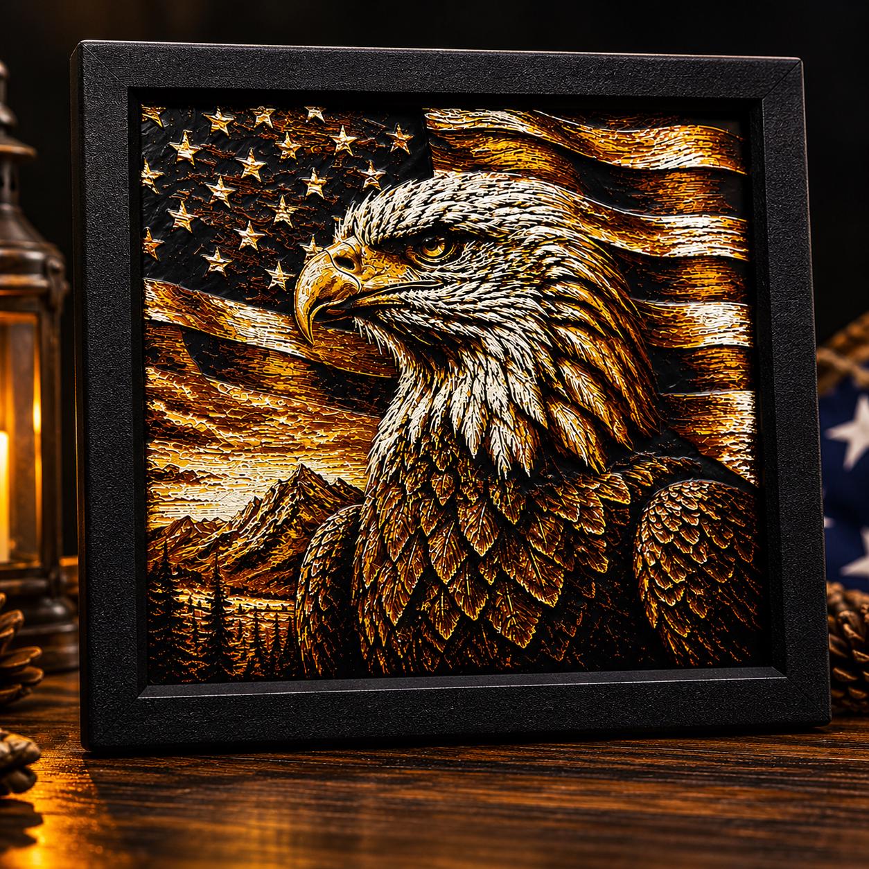 3D Printed Eagle Wall Art | American Flag Decor, Rustic Cabin Artwork (8"x8")
