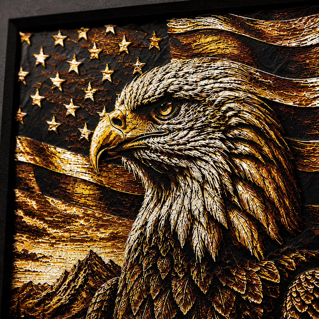 3D Printed Eagle Wall Art | American Flag Decor, Rustic Cabin Artwork (8"x8")