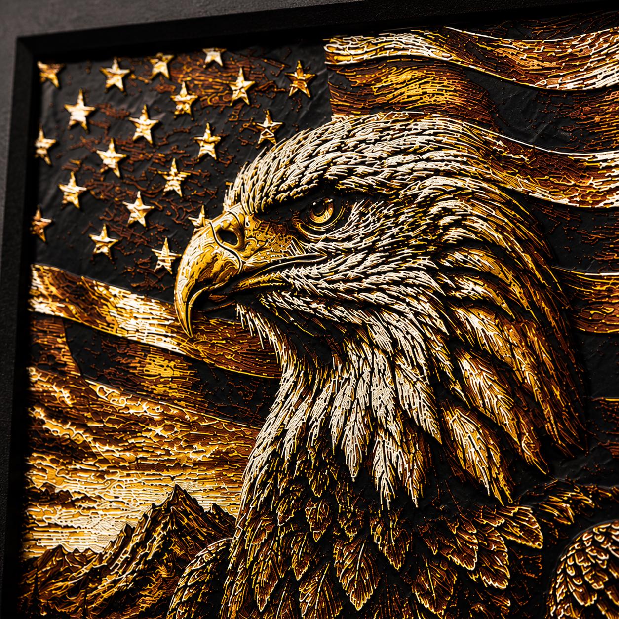 3D Printed Eagle Wall Art | American Flag Decor, Rustic Cabin Artwork (8"x8")