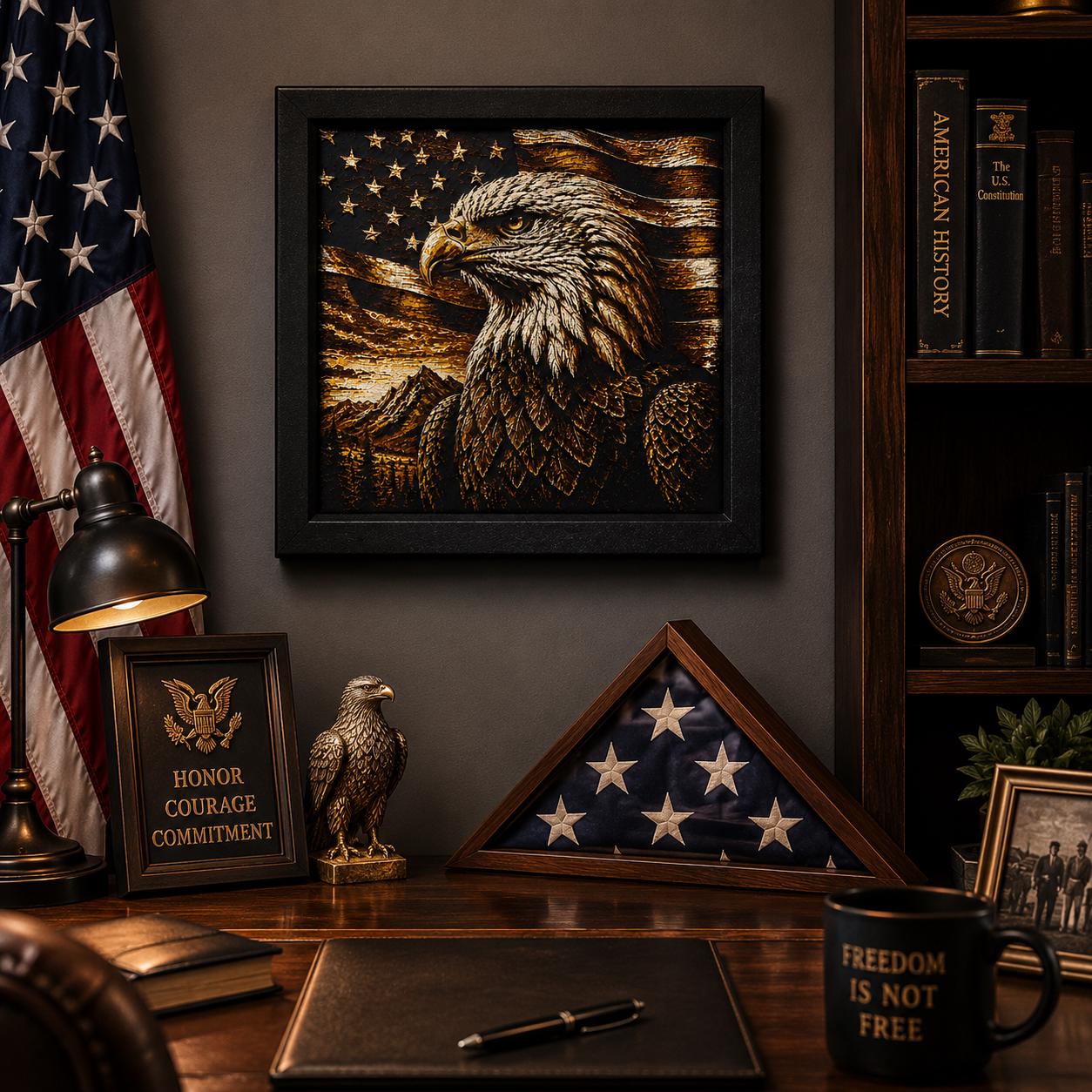 3D Printed Eagle Wall Art | American Flag Decor, Rustic Cabin Artwork (8"x8")