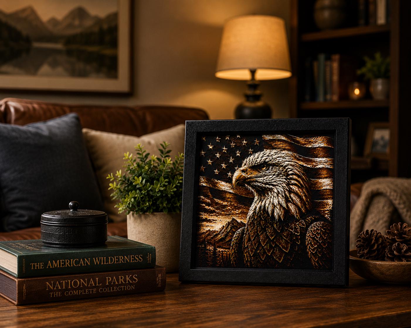3D Printed Eagle Wall Art | American Flag Decor, Rustic Cabin Artwork (8"x8")