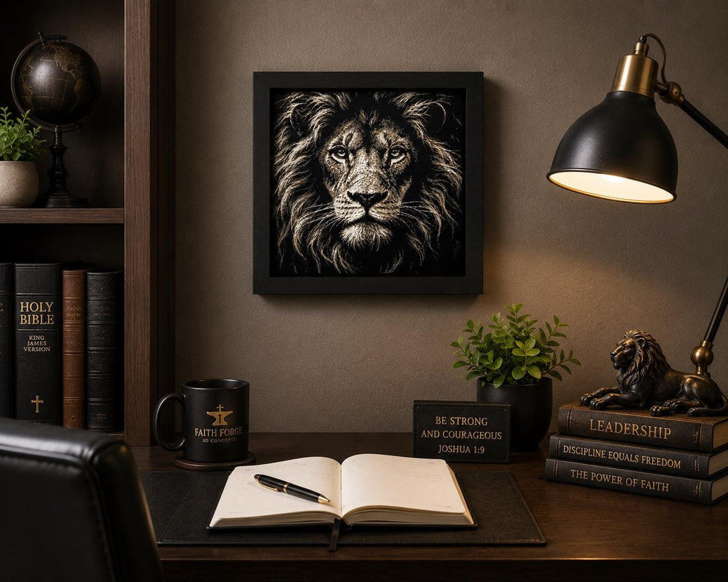 3D HueForge Lion Print | Majestic Wildlife Wall Art, Framed Black & White Portrait