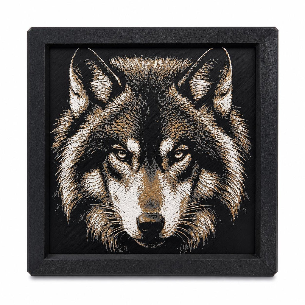 3D Hueforge Wolf Portrait | Framed Wildlife Wall Art, Rustic Cabin Decor (8x8)