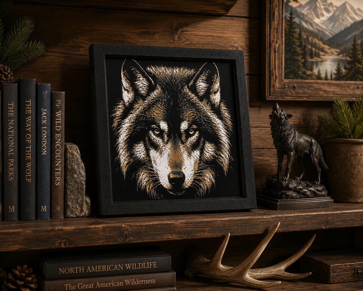 3D Hueforge Wolf Portrait | Framed Wildlife Wall Art, Rustic Cabin Decor (8x8)