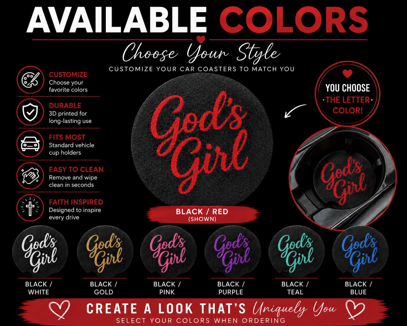 God's Girl Car Coasters | Set of 2 | Christian Car Accessories | Custom Colors
