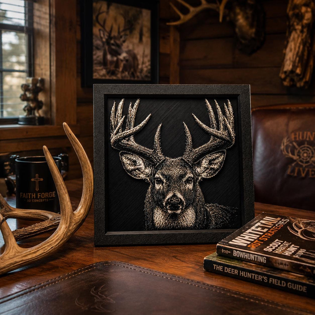Majestic Buck Deer Wall Art | HueForge 3D Textured Print, Framed Rustic Cabin Decor (8x8)