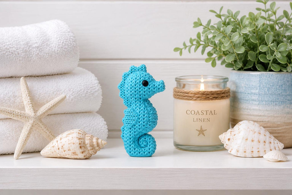 Knitted Seahorse Decor | 3D Printed Seahorse Figurine | Coastal Beach Shelf Decor | Ocean Animal Statue | Nautical Home Accent