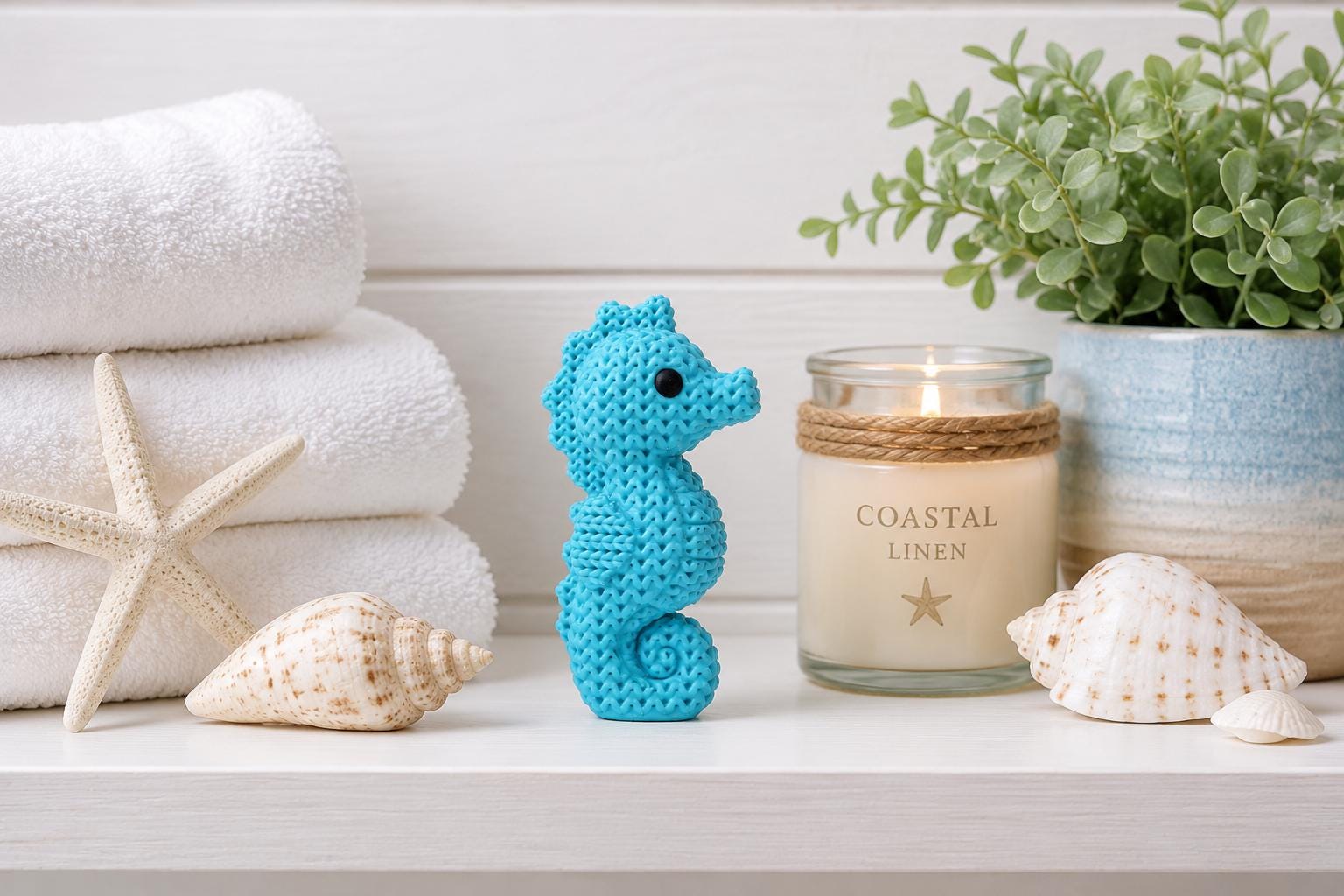 Knitted Seahorse Decor | 3D Printed Seahorse Figurine | Coastal Beach Shelf Decor | Ocean Animal Statue | Nautical Home Accent