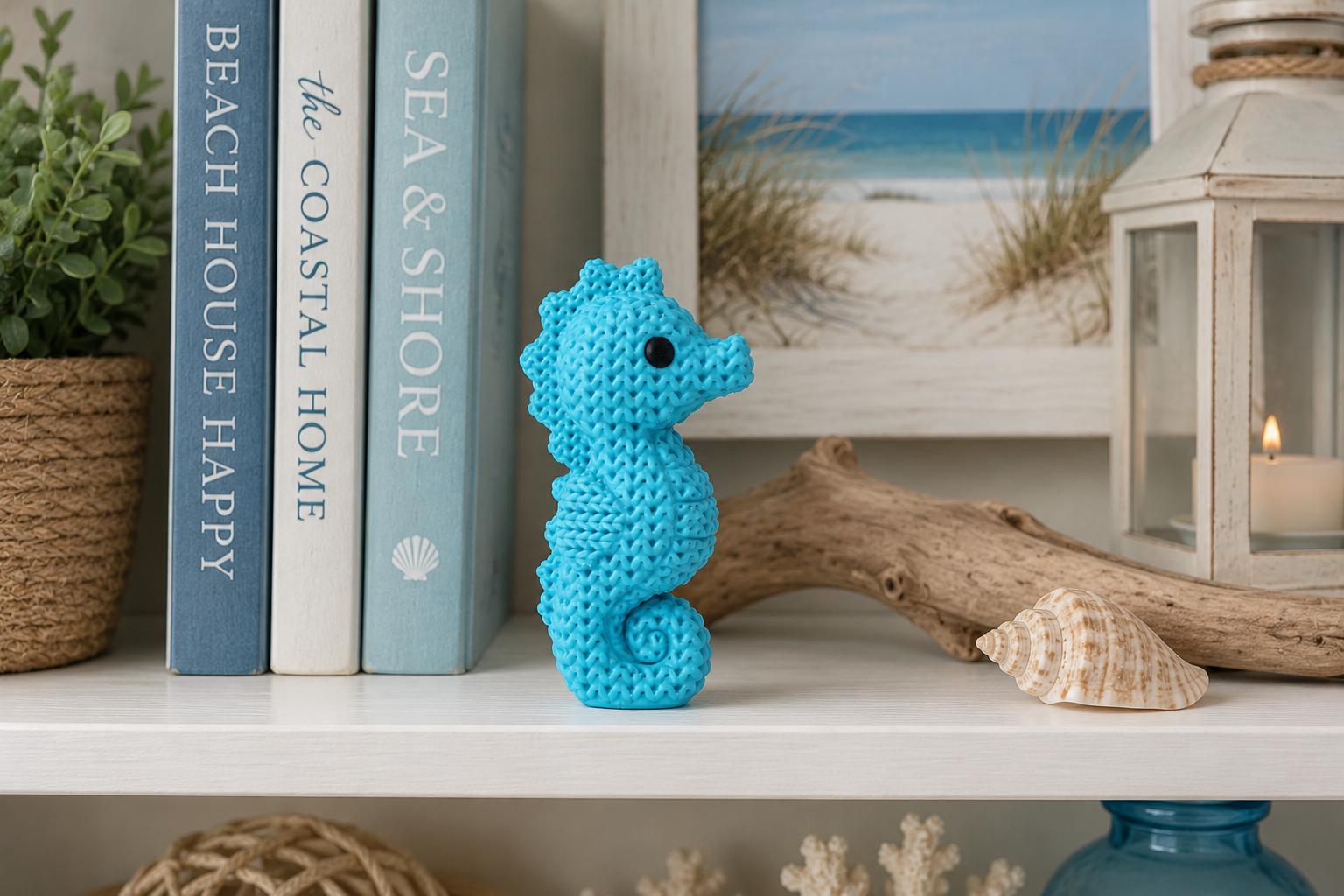 Knitted Seahorse Decor | 3D Printed Seahorse Figurine | Coastal Beach Shelf Decor | Ocean Animal Statue | Nautical Home Accent