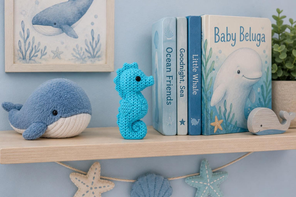 Knitted Seahorse Decor | 3D Printed Seahorse Figurine | Coastal Beach Shelf Decor | Ocean Animal Statue | Nautical Home Accent