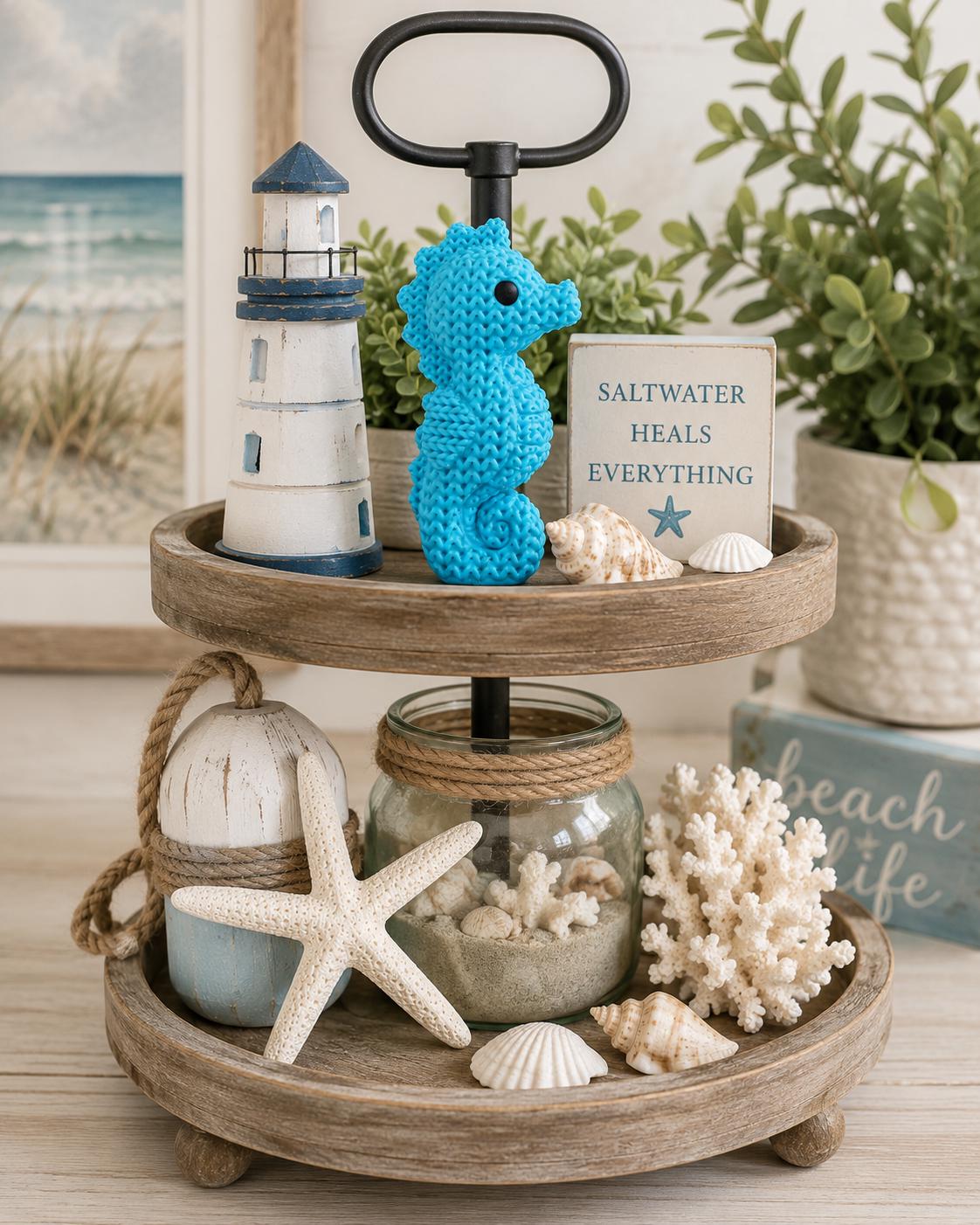 Knitted Seahorse Decor | 3D Printed Seahorse Figurine | Coastal Beach Shelf Decor | Ocean Animal Statue | Nautical Home Accent
