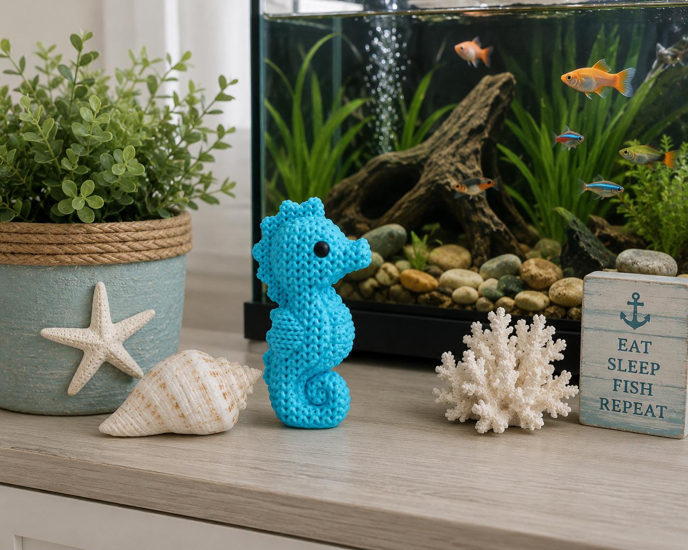 Knitted Seahorse Decor | 3D Printed Seahorse Figurine | Coastal Beach Shelf Decor | Ocean Animal Statue | Nautical Home Accent