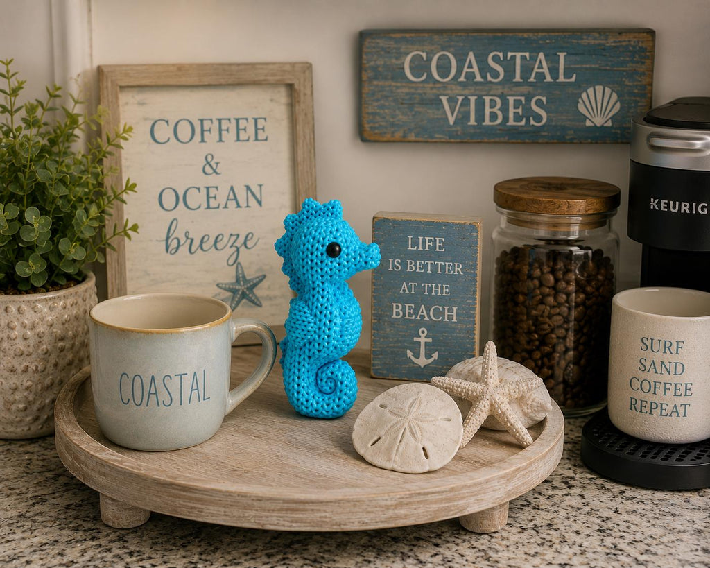 Knitted Seahorse Decor | 3D Printed Seahorse Figurine | Coastal Beach Shelf Decor | Ocean Animal Statue | Nautical Home Accent