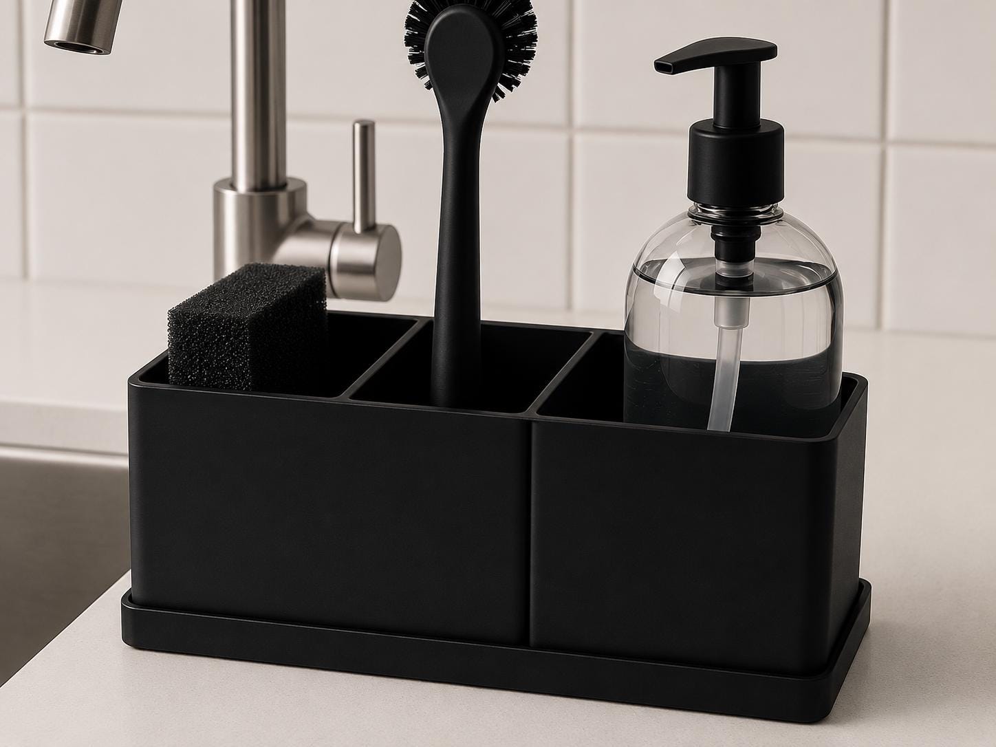Minimalist Kitchen Sink Caddy | 3 Compartment Sink Organizer | Soap Sponge Brush Holder | Kitchen Counter Organizer | 3D Printed Sink Tray
