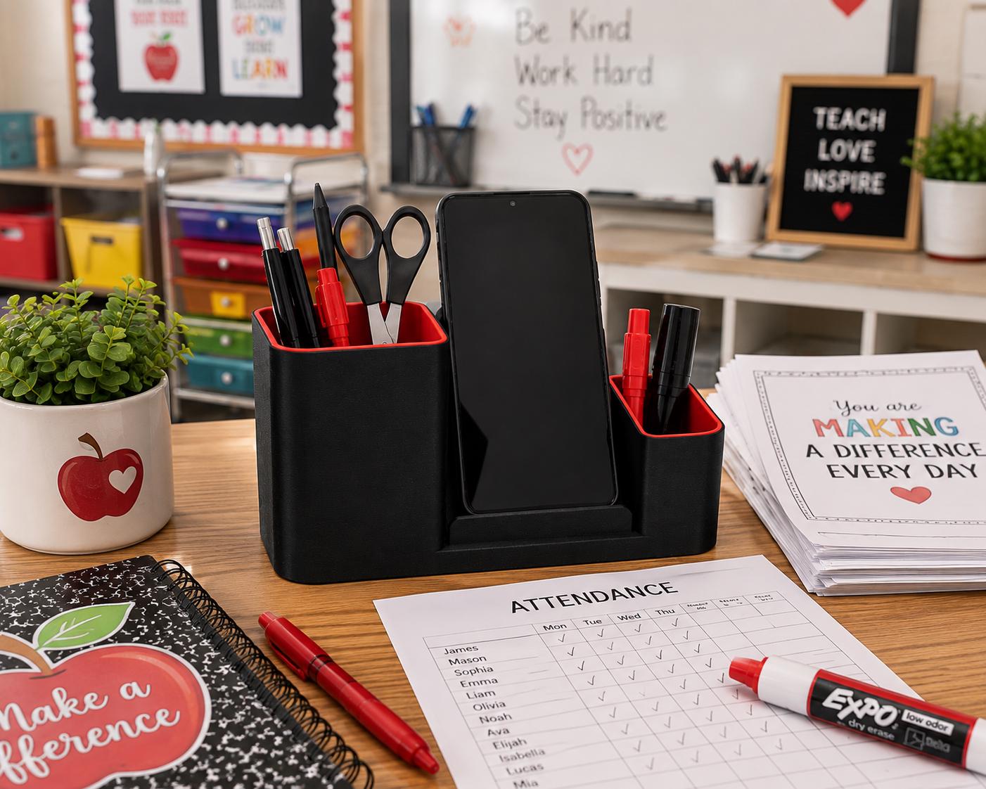 3D Printed Teacher Desk Organizer | Phone Stand, Pen Holder, Classroom Accessory