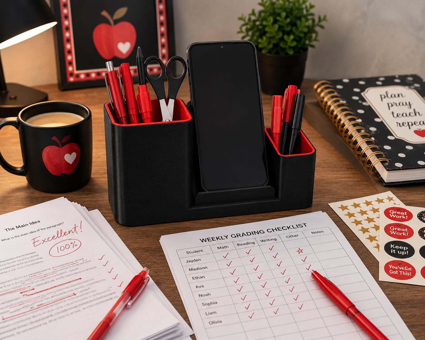 3D Printed Teacher Desk Organizer | Phone Stand, Pen Holder, Classroom Accessory