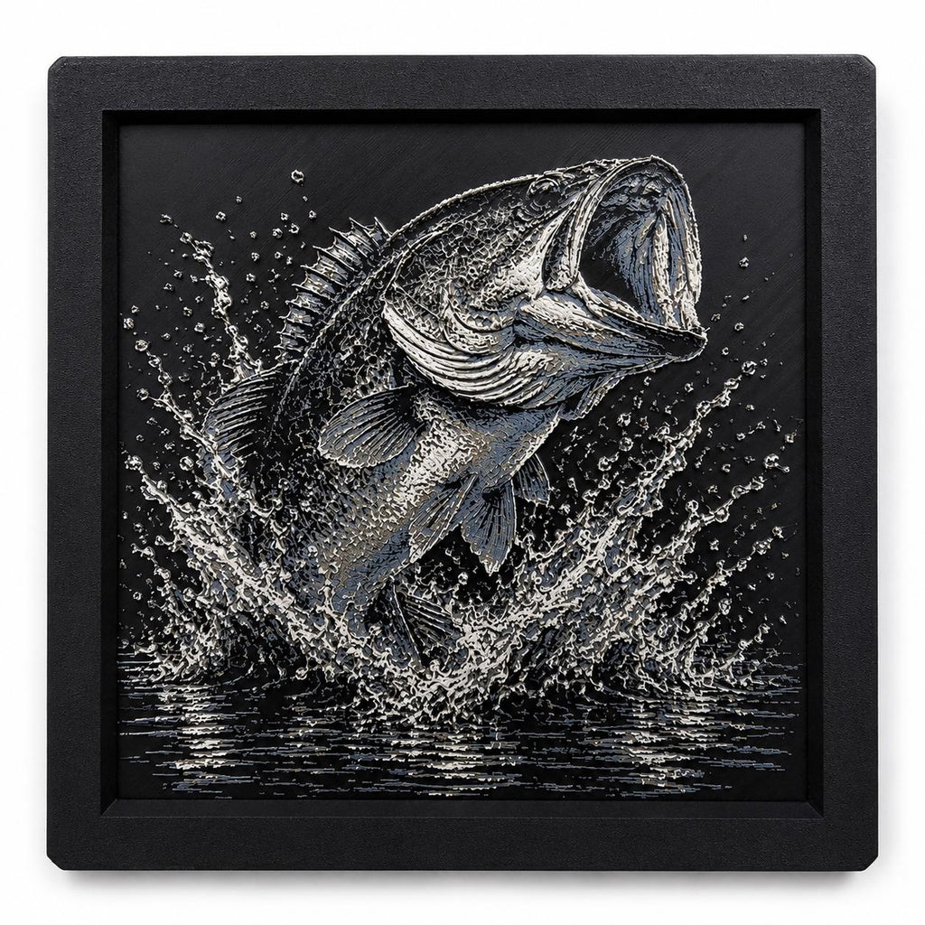 Bass Fishing Artwork | 3D Printed Largemouth Bass Wall Decor (8x8 Framed)