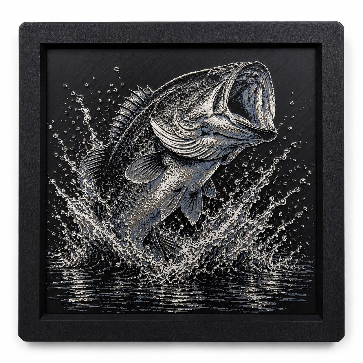 Bass Fishing Artwork | 3D Printed Largemouth Bass Wall Decor (8x8 Framed)