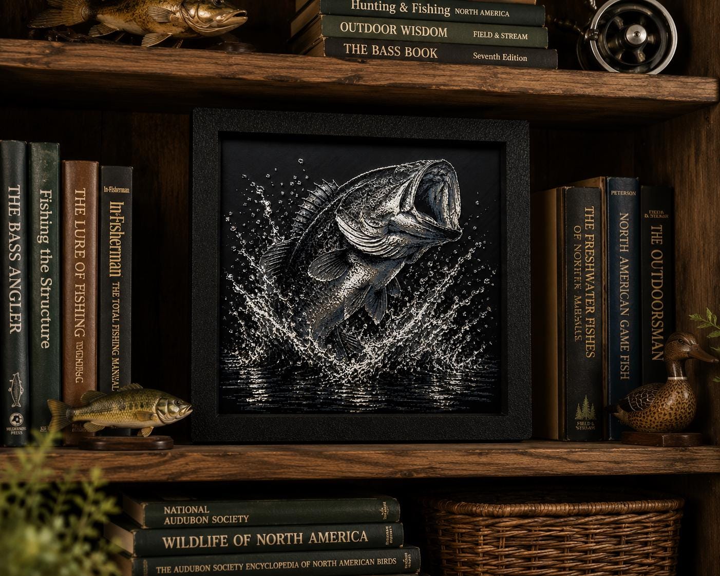 Bass Fishing Artwork | 3D Printed Largemouth Bass Wall Decor (8x8 Framed)