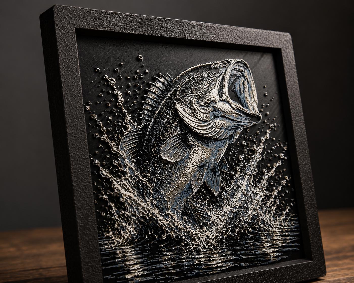 Bass Fishing Artwork | 3D Printed Largemouth Bass Wall Decor (8x8 Framed)