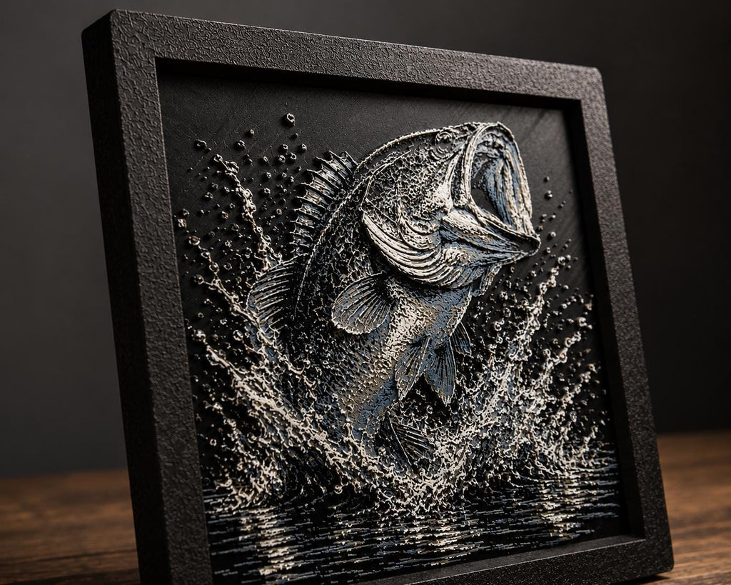 Bass Fishing Artwork | 3D Printed Largemouth Bass Wall Decor (8x8 Framed)