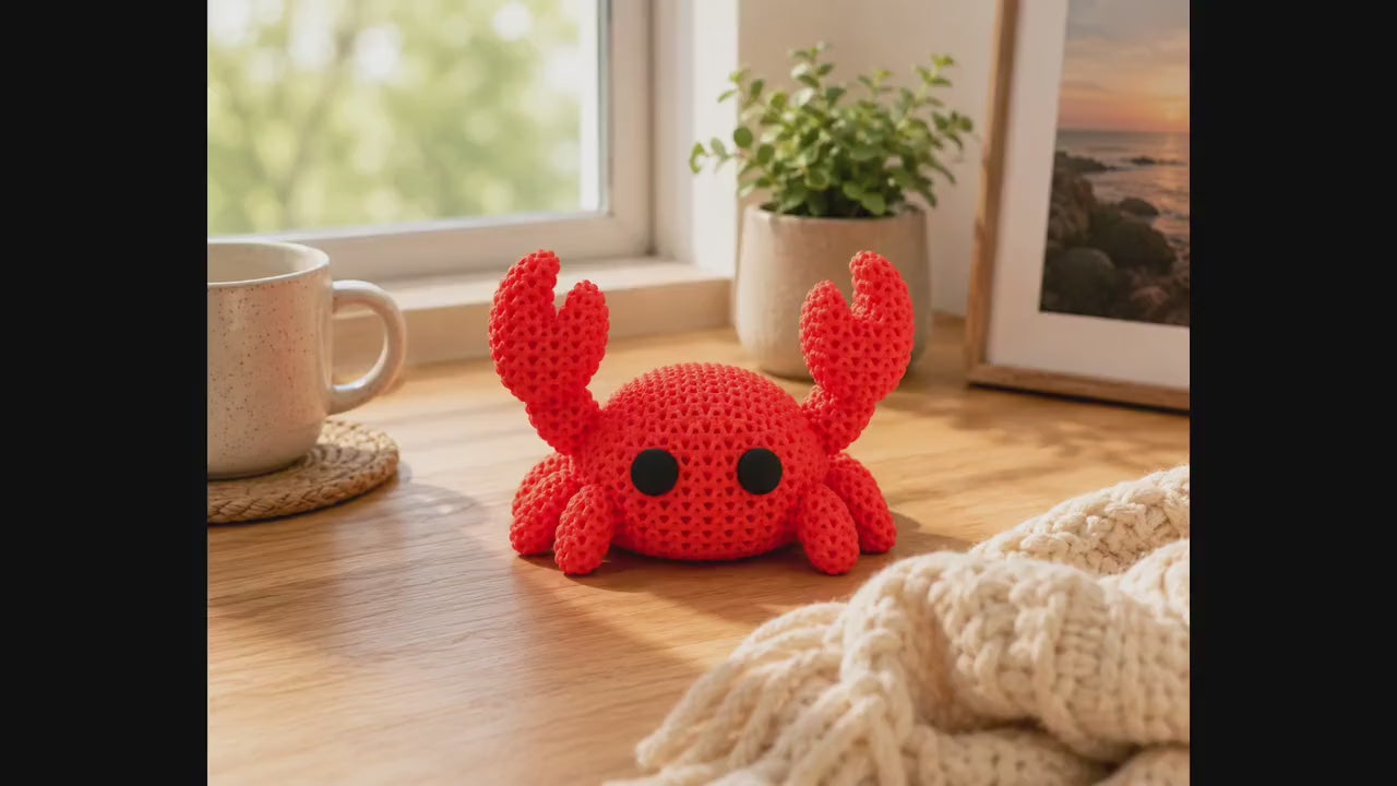 Knitted Crab Figurine | 3D Printed Desk Decor, Coastal Charm Shelf Sitter