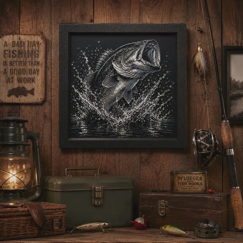 Bass Fishing Artwork | 3D Printed Largemouth Bass Wall Decor (8x8 Framed)