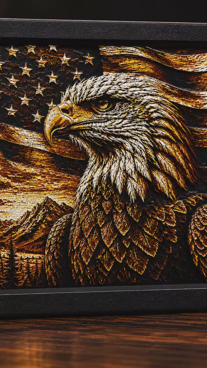3D Printed Eagle Wall Art | American Flag Decor, Rustic Cabin Artwork (8"x8")