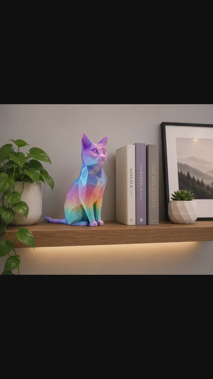 Iridescent Geometric Cat Sculpture | Low Poly 3D Printed Cat Decor