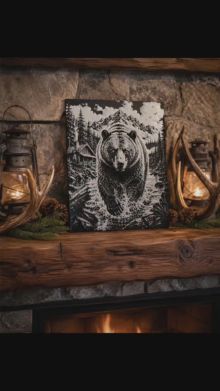3D Printed Bear Mountain Cabin Wall Art | Wilderness Scene, Rustic Landscape Artwork
