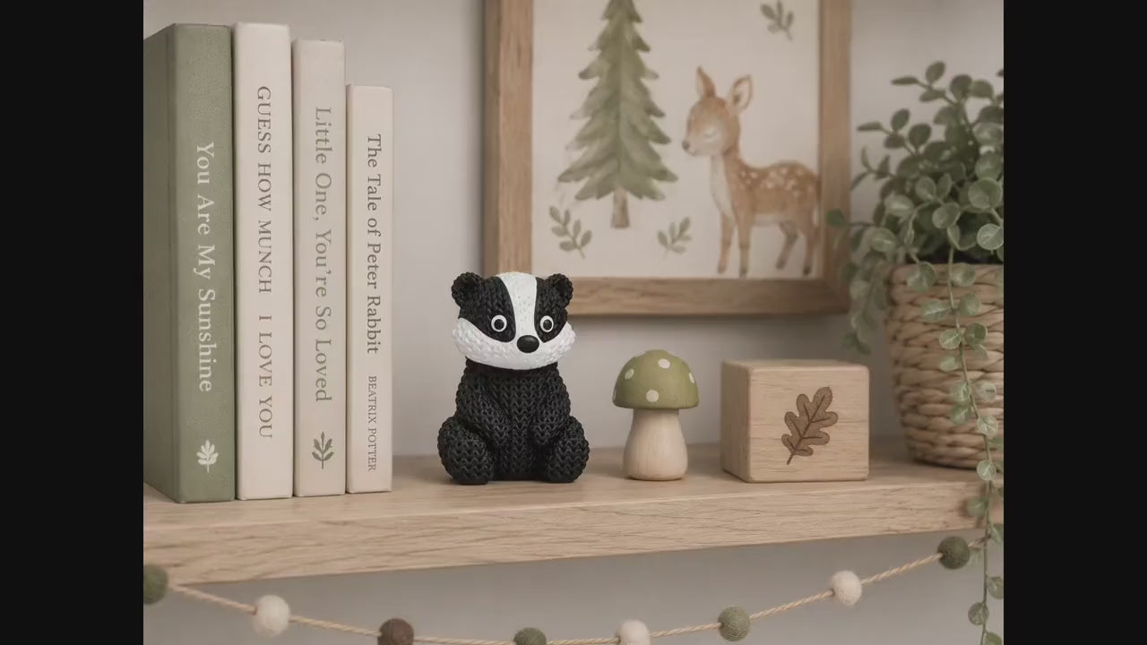 Knitted Badger Figurine | Woodland Animal Decor, Black White Desk Shelf Ornament