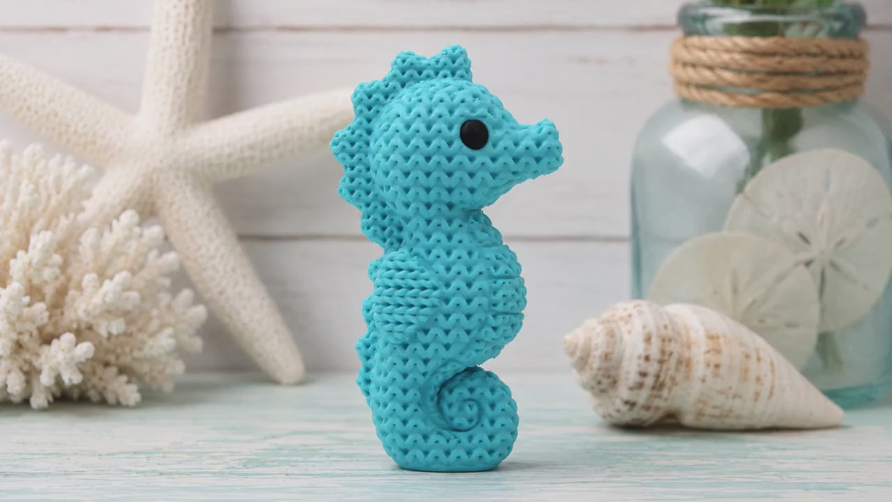 Knitted Seahorse Decor | 3D Printed Seahorse Figurine | Coastal Beach Shelf Decor | Ocean Animal Statue | Nautical Home Accent